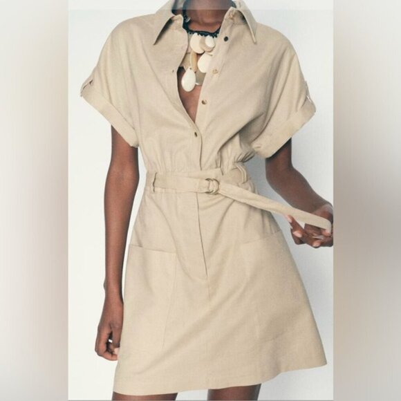 Zara - Women's Linen Blend Mini Shirt Dress - Light Beige. Size: XL. NWT. (1718) - Picture 7 of 16